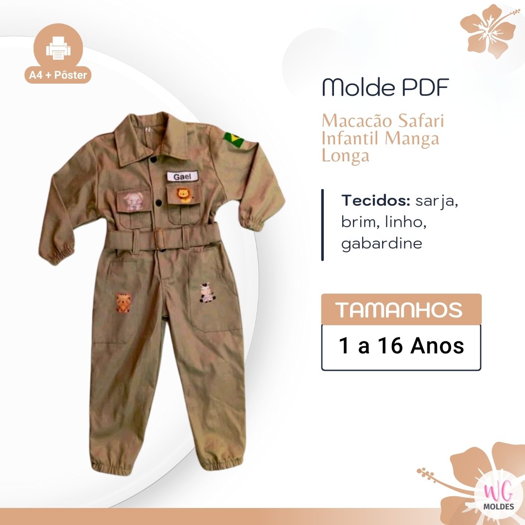 Macacão safari infantil manga longa(1 a 16 anos)