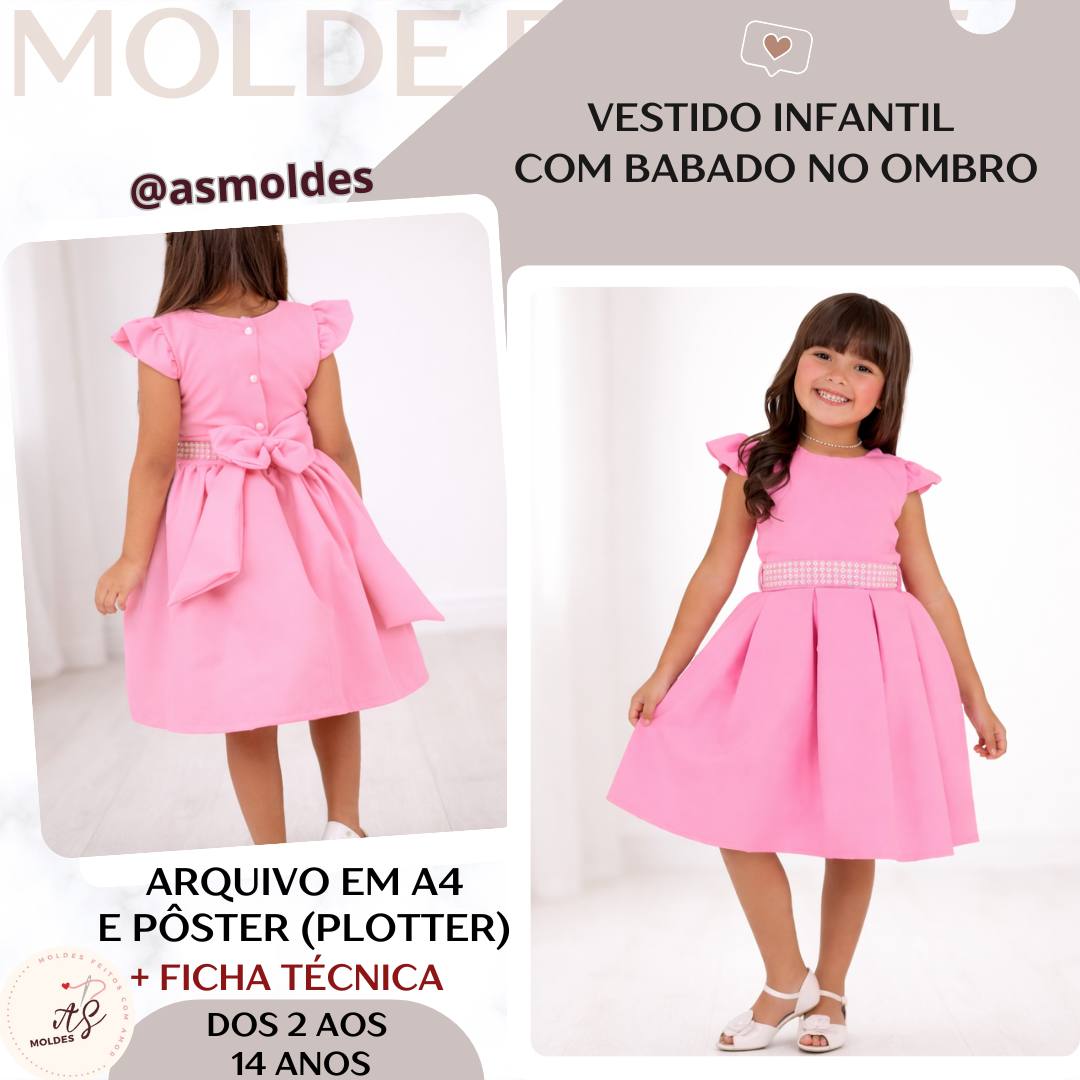 Vestido Infantil com Babado no Ombro(2 aos 14 anos)